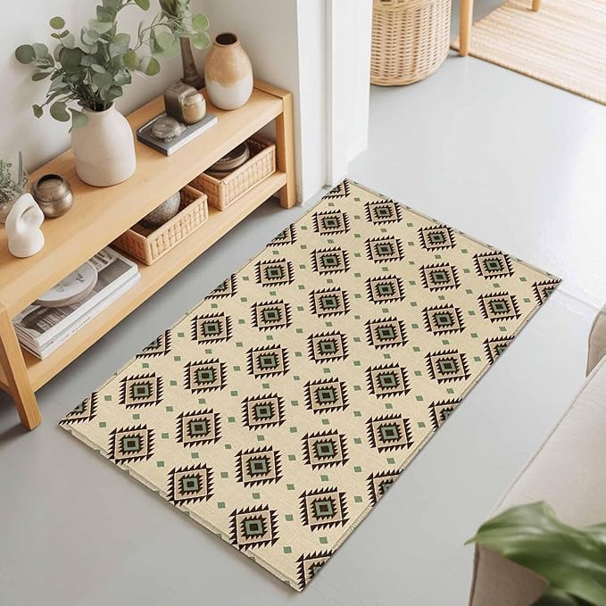 Area Rug 2x3ft, Boho Tribal Diamond Pattern Washable Rugs for Living Room Bedroom, Ethnic Style Art Soft Non-Slip Area Rugs Rectangle Floor Carpet for Dining Room
