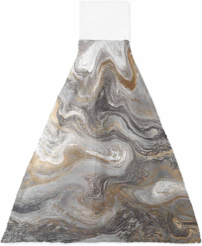Alandar Home Kitchen Tie Towel Set of 1, Abstract Black Grey Marble Texture Absorbent Soft Hand Towels for Bathroom Hanging Towels, Modern Fluid Art Fast Drying Cleaning Cloth with Loop