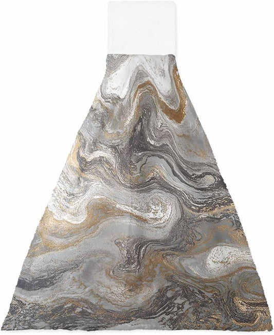 Alandar Home Kitchen Tie Towel Set of 1, Abstract Black Grey Marble Texture Absorbent Soft Hand Towels for Bathroom Hanging Towels, Modern Fluid Art Fast Drying Cleaning Cloth with Loop