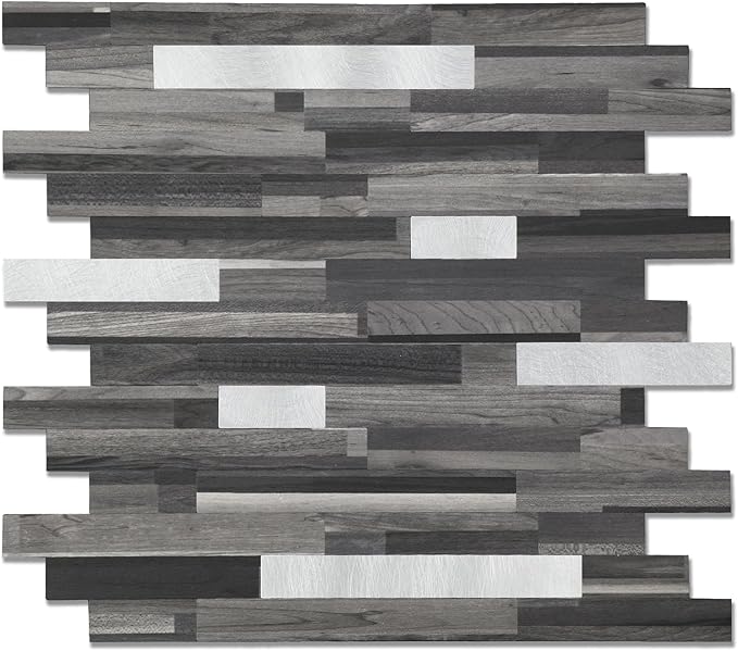 Yipscazo 10 Sheets Peel and Stick Stone Metal Tile Backsplash, Stick on Tiles for Backsplash Kitchen, Bathroom, Laundry Room, Camper, Fireplace (12'' X 12'', Black Wood Grain)