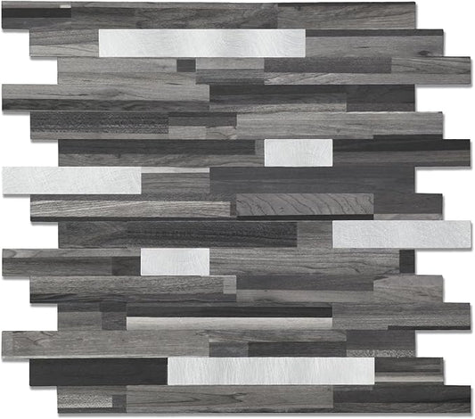 Yipscazo 5 Sheets Peel and Stick Stone Metal Tile Backsplash, Stick on Tiles for Backsplash Kitchen, Bathroom, Laundry Room, Camper, Fireplace (12'' X 12'', Black Wood Grain)