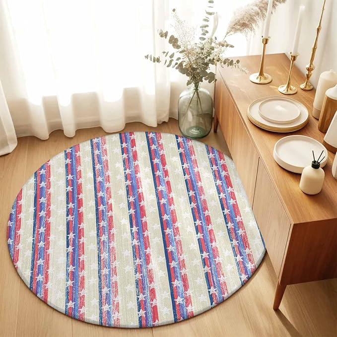 Washable Round Area Rug American Star Stripe Circle Rugs Floor Carpet for Living Room Bedroom, Retro Independence Day Theme Soft Non Slip Round Rug 3ft