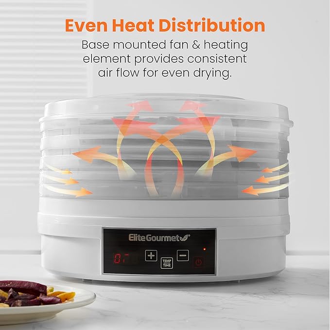 Elite Gourmet EFD770WD Digital Food Dehydrator with 5x12.5” BPA Free Trays, Adjustable 48-hr Timer and Temperature from 95~158F, Jerky, Herbs, Fruit, Veggies, Dried Snacks, White