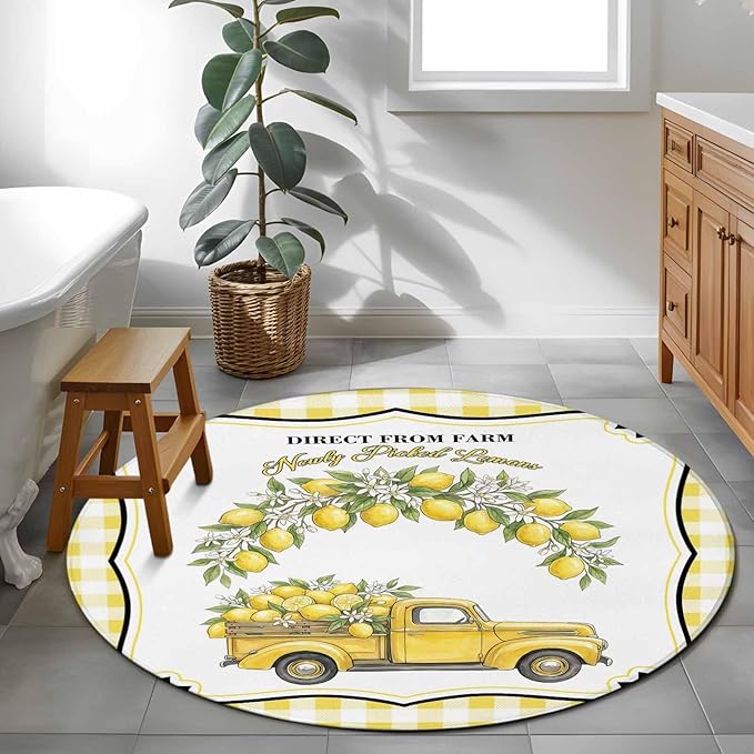 Washable Round Area Rug Farm Yellow Truck Lemon Fruit Circle Rugs Floor Carpet for Living Room Bedroom, Flower Leaves Buffalo Plaid Soft Non Slip Round Rug 3ft