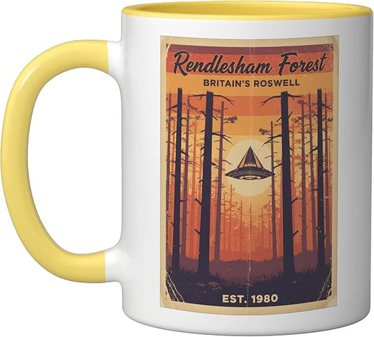 Rendlesham Forest UFO Alien Vintage UK Flying Saucer Ceramic Mug, Yellow/White