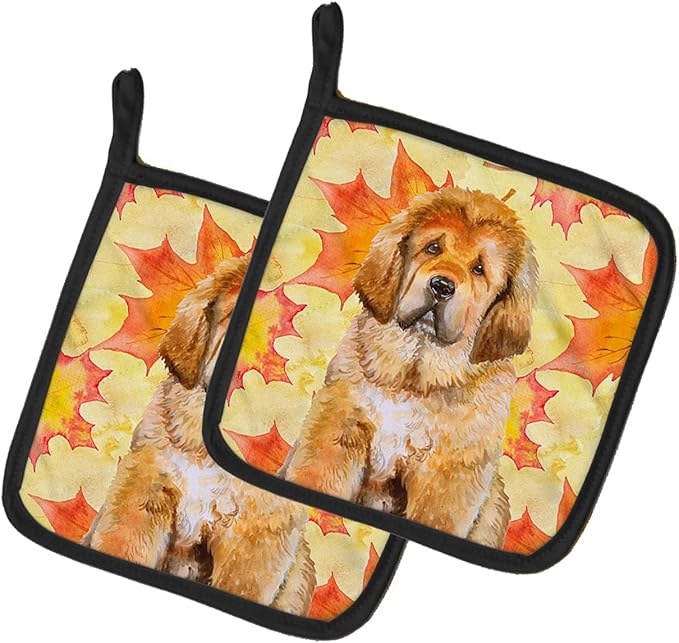 Caroline's Treasures BB9982PTHD Tibetan Mastiff Fall Pair of Pot Holders, Yellow Kitchen Heat Resistant Pot Holders Sets Oven Hot Pads for Cooking Baking BBQ, 7 1/2 x 7 1/2