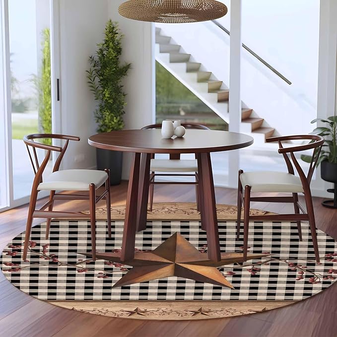Brown Texas Star Retro 7ft Round Rug, Country Star Non-Skid Rubber Backing Large Area Rugs - Living Room Bedroom Home Office, Black White Plaid Wooden Indoor Floor Mat Carpets Washable Rug