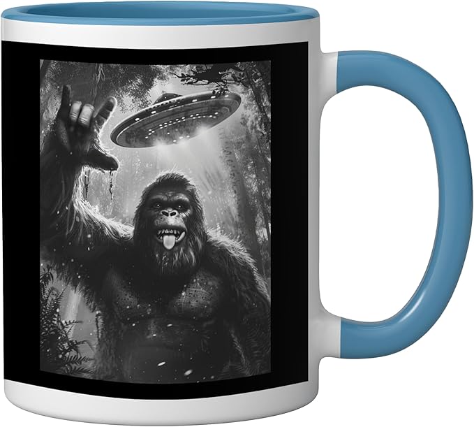 Funny Sasquatch Bigfoot Rock On Selfie with UFO Alien Saucer Ceramic Mug, Blue/White