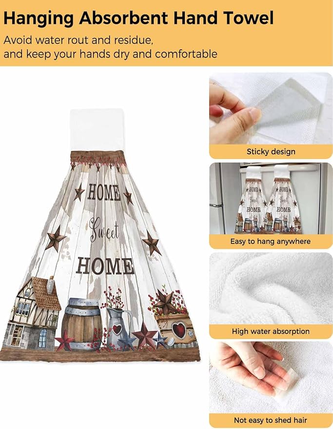 Alandar Home Kitchen Tie Towel Set of 2, Farm Cabin Retro Country Star Absorbent Soft Hand Towels for Bathroom Hanging Towels, Barrel Berry on Wood Grain Fast Drying Cleaning Cloth with Loop