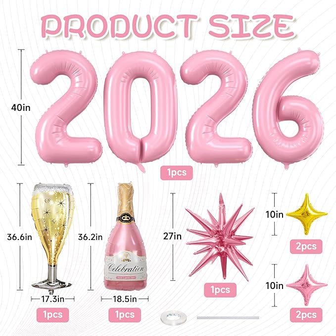 Pink 2026 Balloons, 40 Inch Number 2026 Pink Foil Balloons, Pink and Gold Star Balloon, Champagne Bottle Glass Balloon for Happy New Years Eve Party Supplies 2026 Class of 2026 Graduation Decorations