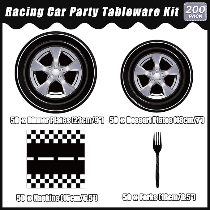 Kepeel 200Pcs Race Car Party Plates and Napkins Sets, Racing Car Race Track Party Supplies Decorations Racing Sports Themed Dinnerware for Kids Boys Birthday Baby Shower Home Decor, Serves 50