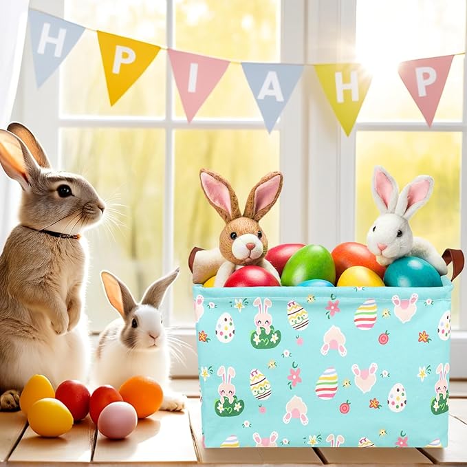Large Rectangular Cute Kid Easter Basket Empty Bunny Eggs Easter Basket Gift Spring Room Storage Organizer Décor (Rabbit Easter Egg With Blue Background)