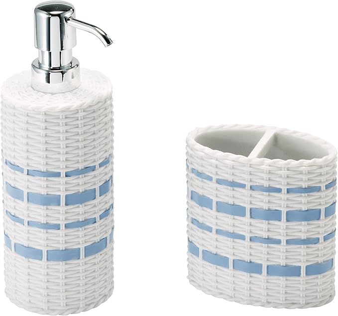 IZOD – Bathroom Accessory Set, Toothbrush Holder and Lotion Dispenser, Wicker-Textured Hand-Painted Resin with Stripe Detail, Coastal Home Decor – Perfect for Organizing Bathroom Essentials (Savannah)
