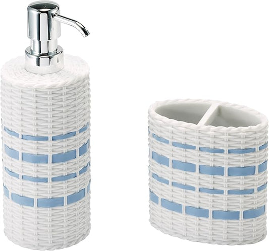 IZOD – Bathroom Accessory Set, Toothbrush Holder and Lotion Dispenser, Wicker-Textured Hand-Painted Resin with Stripe Detail, Coastal Home Decor – Perfect for Organizing Bathroom Essentials (Savannah)