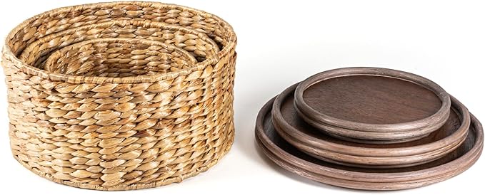 happimess BSK1004A-3SET Gouda Southwestern Hand-Woven Hyacinth Circular Nesting Wicker Storage Baskets with Wood Lids, Seagrass Container for Decoration in Bathroom, Bedroom, Closet,Natural (Set of 3)