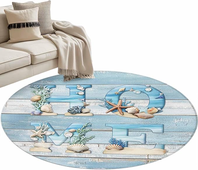 Washable Round Area Rug Summer Ocean Beach Shell Home Quote Circle Rugs Floor Carpet for Living Room Bedroom, Farm Blue Wood Board Soft Non Slip Round Rug 3ft