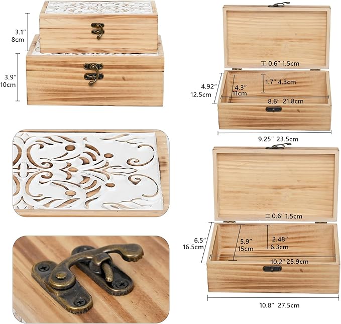 DECOR4SEASON Wooden Storage Box Set of 2 - Hand Carved Floral Decorative Boxes with Hinged Lids - Solid Pine Keepsake Organizer for Jewelry, Photos, and Rustic Farmhouse Home Décor