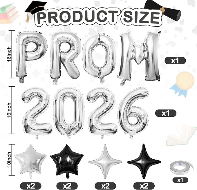 Prom 2026 Balloons Banner, 16 inch Silver letter Balloons Prom 2026 Sign Decoration with Silver Star Balloon for Class of 2026 Congrats Grad Party Birthday Retirement Graduation Party Supplies