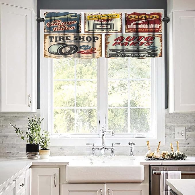 1950s Valance Curtain Vintage Car Automobile Advertising Repair Vehicle Garage Servicing Image Short Curtain Valance for Kitchen Bedroom Bathroom Decor with Rod Pocket, One Panel 54X18 Inches