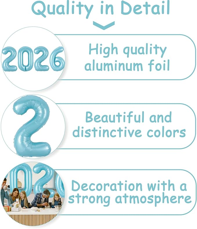 Huge Blue 2026 New Year Balloons 40 Inch 2026 Pearl Light Blue Mylar Foil Helium Number Balloons 2026 Christmas New Year Eve Graduation Party Decorations Supplies