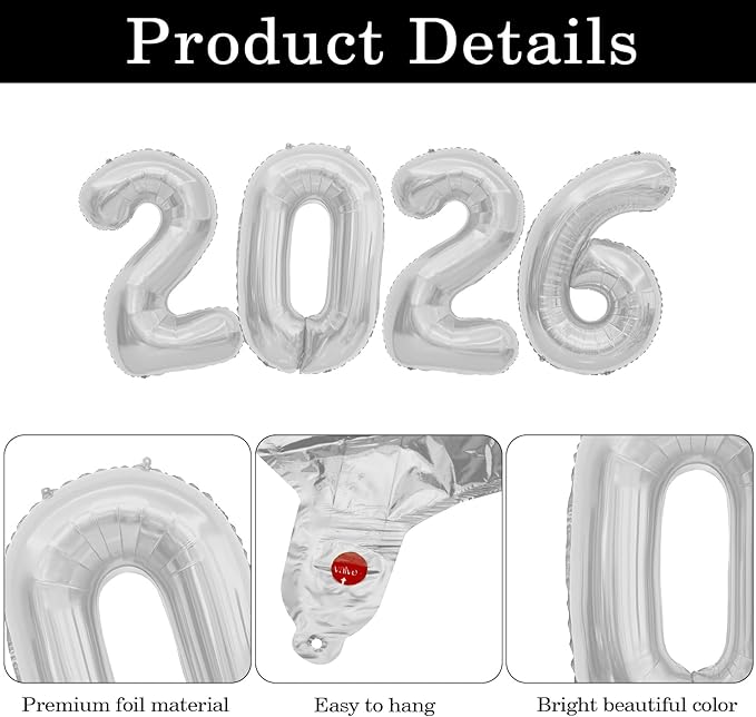 2026 Balloons, 2026 Number Balloons Silver, 40 Inch Large Foil Graduation Balloon 2026 Numbers for Graduation Decorations Class of 2026, Birthday, Anniversary, New Year Eve Party Decorations