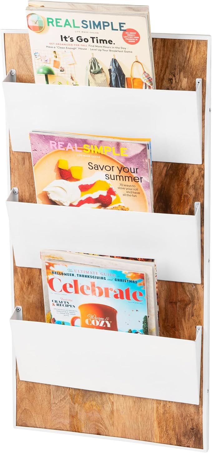 Mind Reader 3-Tier Wall-Mounted File Organizer, Wood and Metal Vertical Rack for Mail, Magazines, and Documents, Metal, Wood, White