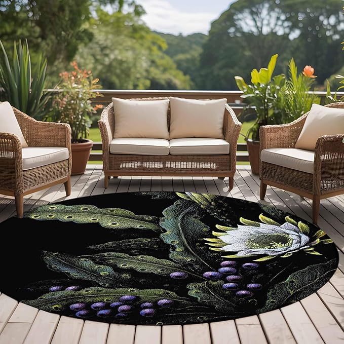 Washable Round Area Rug Watercolor Flower Berry Leaves Circle Rugs Floor Carpet for Living Room Bedroom, Botanical Plant Dark Style Soft Non Slip Round Rug 5ft