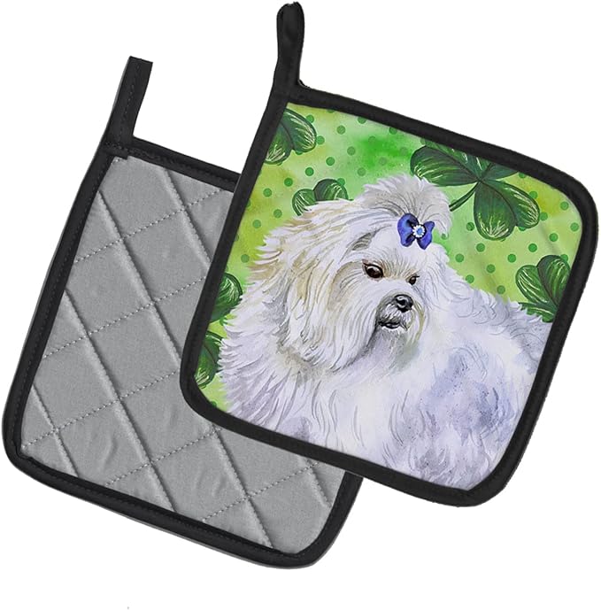 Caroline's Treasures BB9825PTHD Maltese St Patrick's Pair of Pot Holders, Green Kitchen Heat Resistant Pot Holders Sets Oven Hot Pads for Cooking Baking BBQ, 7 1/2 x 7 1/2