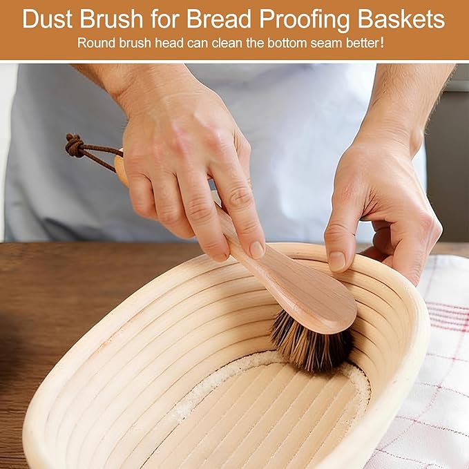 Natural Horsehair Cleaning Brush for Banneton Proofing Baskets, Round Sourdough Bread Basket Scraper & Flour Crumb Brush, Beech Wood Handle, Shed-Free Baking Supplies