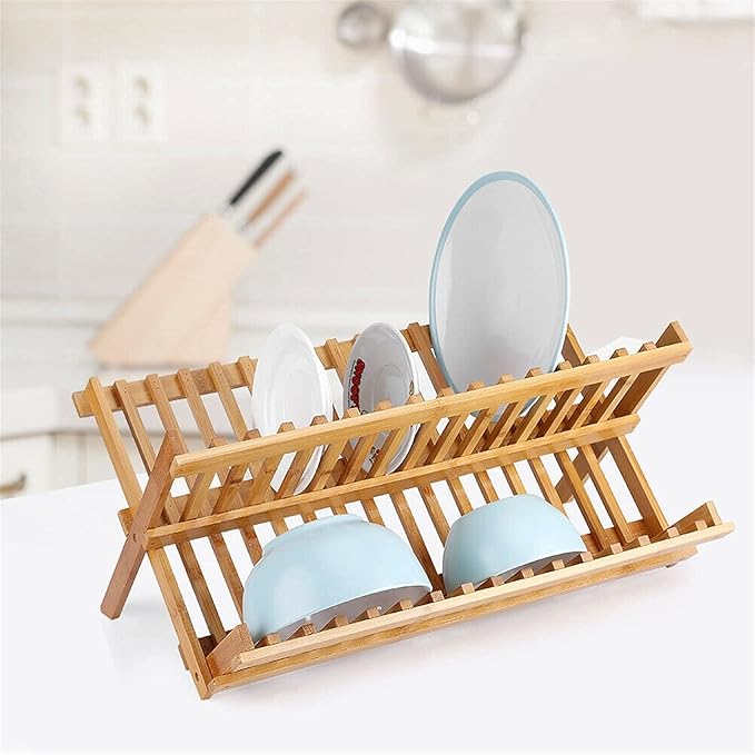 2 Tier Folding Dish Drainer Rack Storage Plate Holder Kitchen Sink Stand Wooden