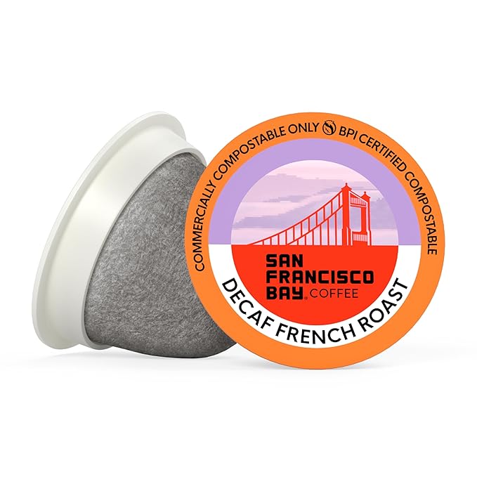 San Francisco Bay Decaf K-Cup Coffee Pods, Decaf French Roast (36 ct), Dark Roast, Commercially Compostable Single-Serve Coffee Pods, Swiss Water Process