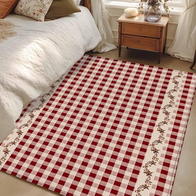 Area Rug 4x6ft, Vintage Red Buffalo Plaid Berry Washable Rugs for Living Room Bedroom, Farmhouse Western Star Soft Non-Slip Area Rugs Rectangle Floor Carpet for Dining Room