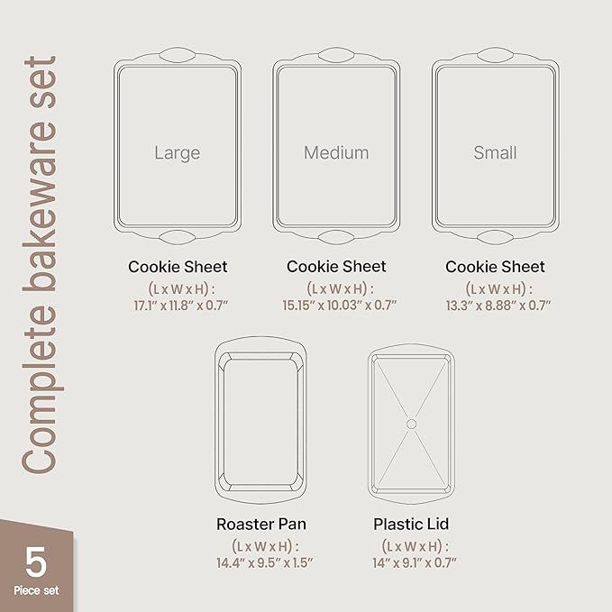 Nonstick Cookie Sheet Pans Set of 5 - Professional Quality Carbon Steel Baking Sheet Trays with Gray Coating Inside & Outside – Small, Medium, Large Pans, Roaster Pan, and Plastic Lid