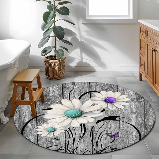 Washable Round Area Rug Farm Daisy Shabby Wood Grain Circle Rugs Floor Carpet for Living Room Bedroom, Vintage Flower Plant Butterfly Soft Non Slip Round Rug 4ft
