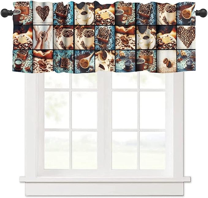 Coffee Curatin Valance, Rustic Beans Cups Coffee Lover Short Window Treatment for Cafe Kitchen Bedroom Living Room, 54x18Inch
