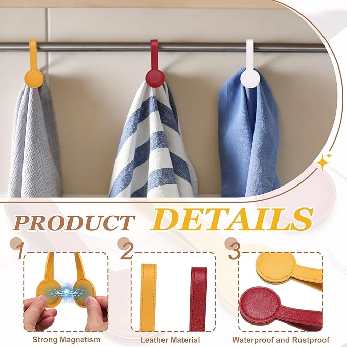 uxcell 2 Pcs Kitchen Magnetic Towel Clips, Leather Towel Holder Clip Multi-Purpose Hand Hooks Kitchen Accessories for Oven Handles Bars Racks, Yellow