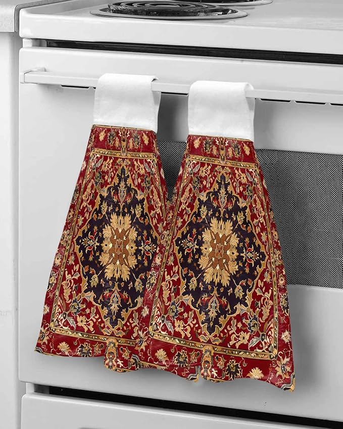 Alandar Home Kitchen Tie Towel Set of 1, Floral Leaves Frames Vintage Mid Century Afghan Black Wheat Red Absorbent Soft Hand Towels for Bathroom Hanging Towels, Fast Drying Cleaning Cloth with Loop