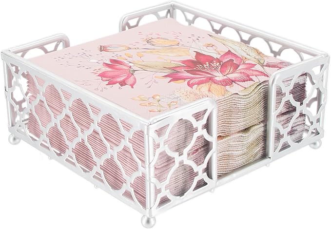 Boston International Paper Napkin Holder Caddy Dispenser for Kitchen Dining Buffet & Bar Countertops, 5.25" x 5.25" (Fits Cocktail Size), Silver Trellis