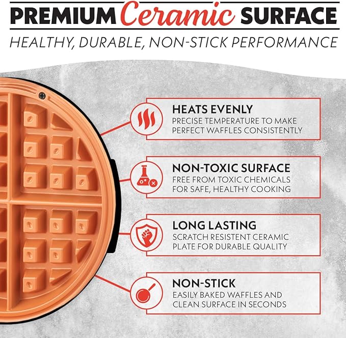 Gourmia Belgian Waffle Maker – Compact Design with Upright Storage, Adjustable Browning, and Easy-Clean Nonstick Ceramic Plates, Stainless Steel