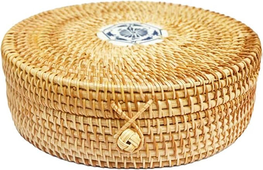 Rattan Box with Lid: Blue-and-White Porcelain Decorative Rattan Storage Box, Hand-Woven Wicker Storage Basket with Lid, for Sundries Tea Case Picnic Food Containers (Round 3, 8.66in*8.66in*2.76in)
