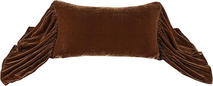 HiEnd Accents Stella Faux Silk Velvet Long Ruffled Pillow, 14x26 inch, Copper Brown, Romantic Western Modern Traditional Style Luxury Bedding, Decorative Throw Pillow