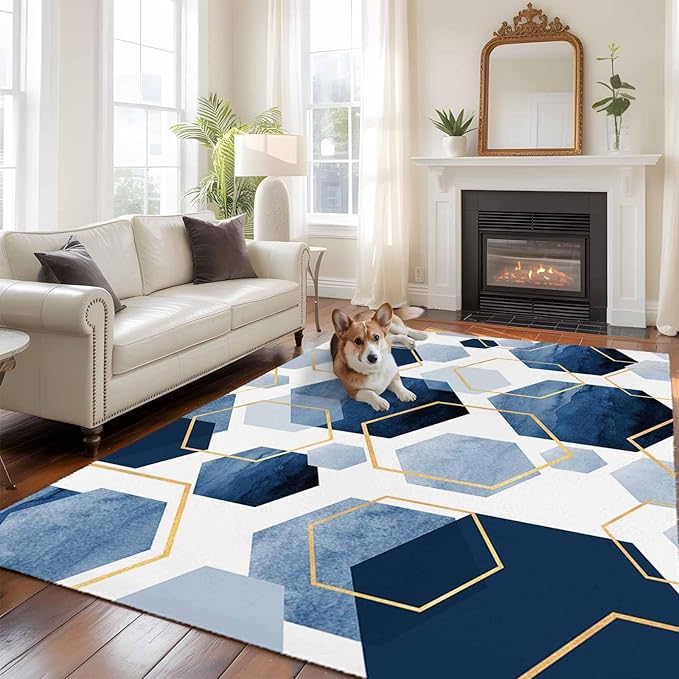 Area Rug 6x9ft, Watercolor Blue Hexagon Washable Rugs for Living Room Bedroom, Abstract Geometric Art Soft Non-Slip Area Rugs Rectangle Floor Carpet for Dining Room