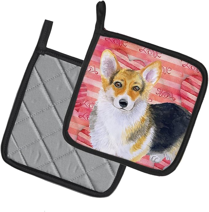 Caroline's Treasures BB9729PTHD Pembroke Corgi Love Pair of Pot Holders, Red Kitchen Heat Resistant Pot Holders Sets Oven Hot Pads for Cooking Baking BBQ, 7 1/2 x 7 1/2