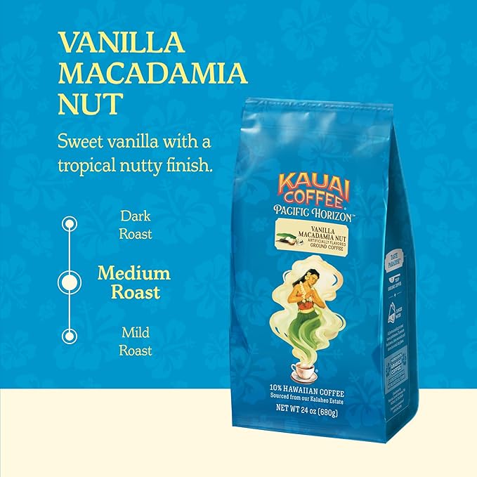 Kauai Coffee Ground Coffee – Smooth, Rich, Medium Roast – Slightly Sweet Nutty Flavor – Arabica Coffee, 10% Hawaiian with No Bitterness – Vanilla Macadamia Nut, 1 Pack of 24oz