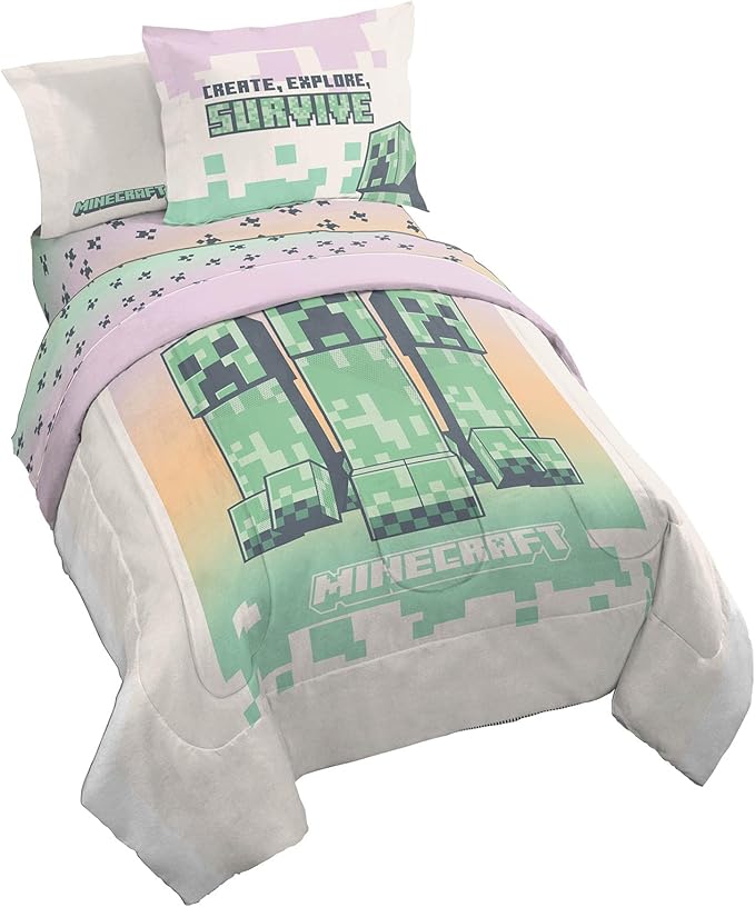 Minecraft Creeper Twin Comforter Set - 5 Piece Bedding Includes Sheet Set & Pillow Covers - Super Soft Pink & Green Kids Bedding