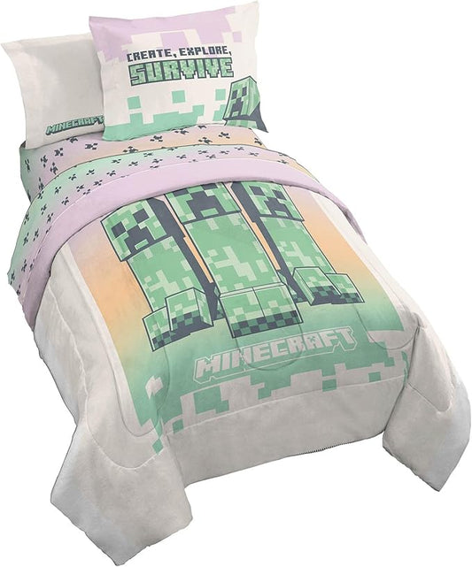 Minecraft Creeper Twin Comforter Set - 5 Piece Bedding Includes Sheet Set & Pillow Covers - Super Soft Pink & Green Kids Bedding