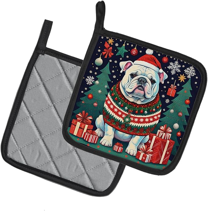 Caroline's Treasures White English Bulldog Christmas Pair of Pot Holders Kitchen Heat Resistant Pot Holders Sets Oven Hot Pads for Cooking Baking BBQ, 7 1/2 x 7 1/2