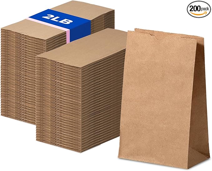 Fit Meal Prep 200 Pack 2 lb Brown Paper Lunch Bags, 7.88 x 4.13 x 2.5" Premium Kraft Paper Bags Bulk for Small Business, Recyclable Snack Sacks, Durable Small Grocery Bag for Food Storage
