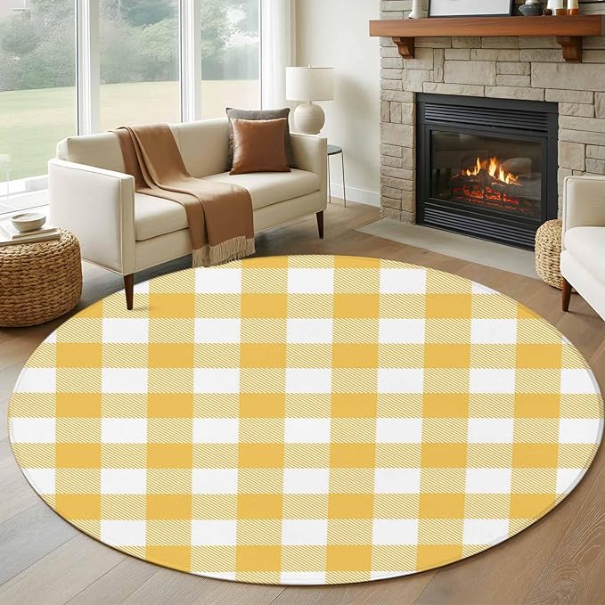 Washable Round Area Rug Rustic Country Yellow and White Buffalo Lattice Checked Circle Rugs Floor Carpet for Living Room Bedroom, Farm Style Soft Non Slip Round Rug 5ft