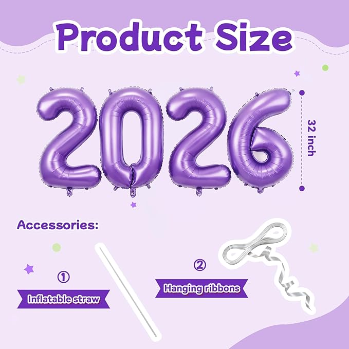 Purple 2026 Balloons, Large 32 Inch Foil 2026 Number Balloons, Grad Balloons for Class of 2026 Graduation Party, Purple Matellic Foil New Year Birthday Home Office Party Supplies